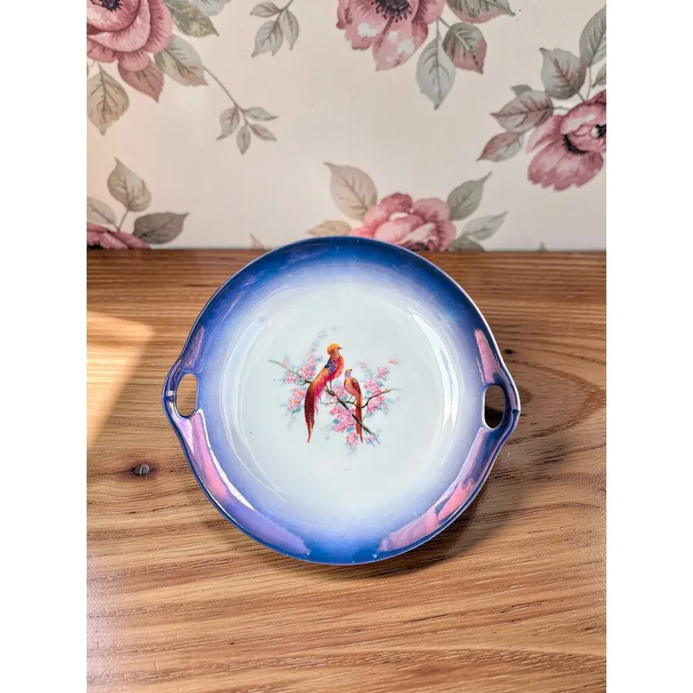 Vintage Czechoslovakia Porcelain Serving Plate Tray Birds Floral Blue Luster